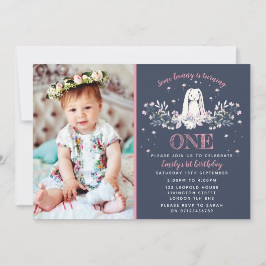 1e verjaardag uitnodiging - Bunny Design (Voorkant)