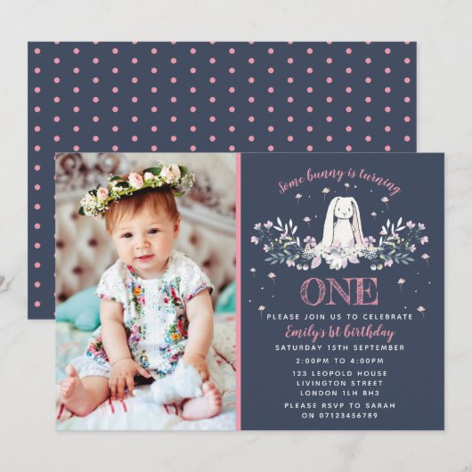 1e verjaardag uitnodiging - Bunny Design (Voorkant / Achterkant)