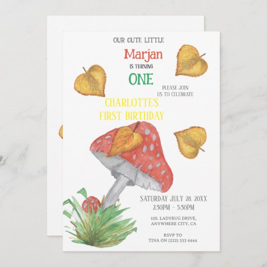 1e verjaardag uitnodiging "Charming Mushroom" (Voorkant / Achterkant)