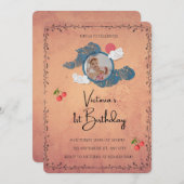 1e verjaardag uitnodiging | Cherry Theme Baby Part (Voorkant / Achterkant)