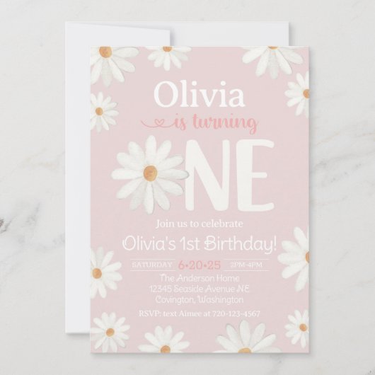 1e verjaardag uitnodiging, Daisy uitnodiging (Voorkant)