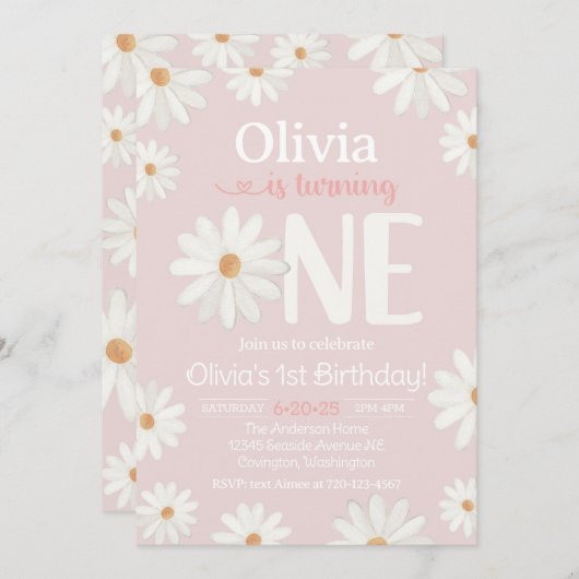 1e verjaardag uitnodiging, Daisy uitnodiging (Voorkant / Achterkant)