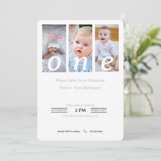 1e Verjaardag Uitnodiging Foto Jongen, Feestuitnod (Staand voorkant)