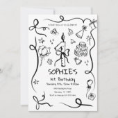 1e verjaardag uitnodiging, hand getrokken 1e verja kaart (Voorkant)