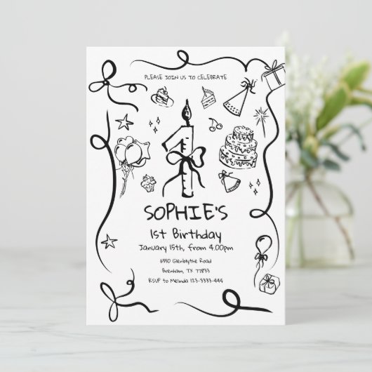 1e verjaardag uitnodiging, hand getrokken 1e verja kaart (Staand voorkant)