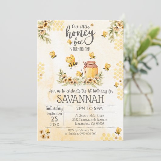 1e verjaardag uitnodiging honingbij (Staand voorkant)