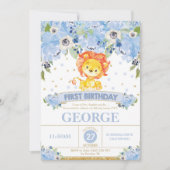 1e verjaardag Uitnodiging jongen Lion Blue Floral (Voorkant)