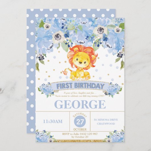 1e verjaardag Uitnodiging jongen Lion Blue Floral (Voorkant / Achterkant)