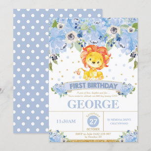 1e verjaardag Uitnodiging jongen Lion Blue Floral