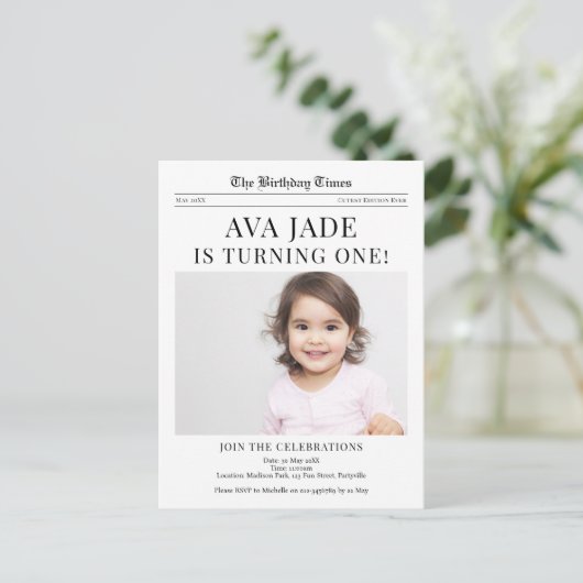 1e verjaardag uitnodiging krant (Staand voorkant)