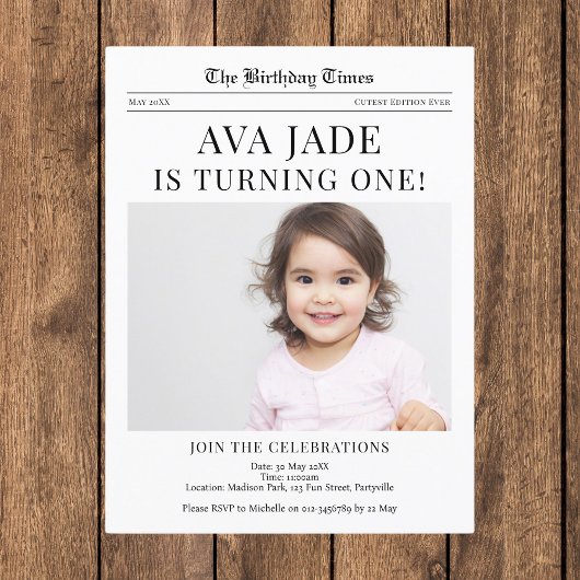 1e verjaardag uitnodiging krant