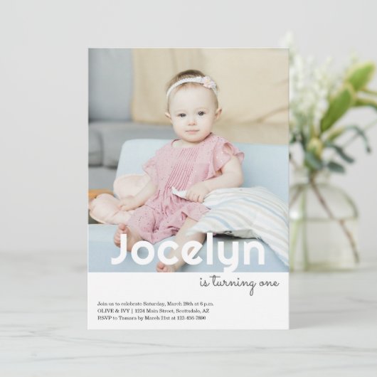 1e verjaardag uitnodiging meisje jongen foto (Staand voorkant)