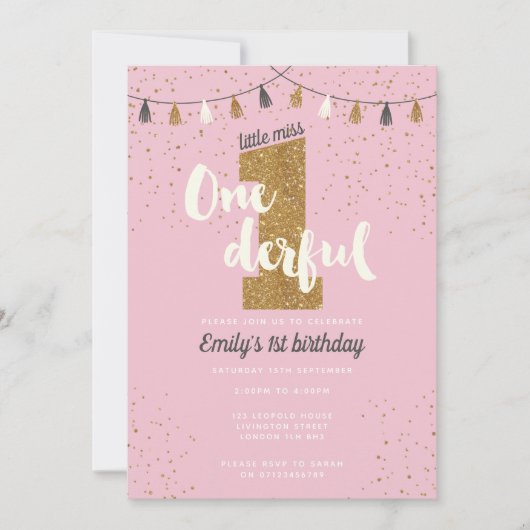 1e verjaardag uitnodiging - meisjes glitter party (Voorkant)