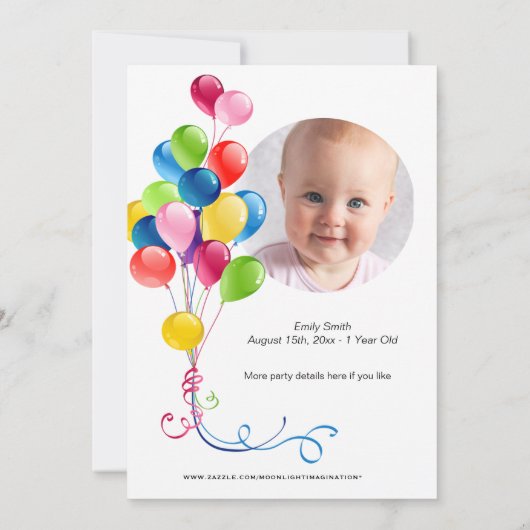 1e Verjaardag Uitnodiging met Kleurrijke Ballonnen (Achterkant)