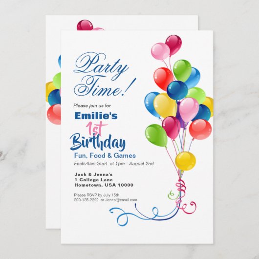1e Verjaardag Uitnodiging met Kleurrijke Ballonnen (Voorkant / Achterkant)