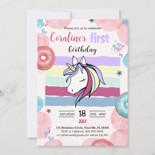1e verjaardag uitnodiging met leuke eenhoorn. (Voorkant)