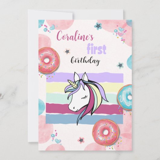 1e verjaardag uitnodiging met leuke eenhoorn. (Achterkant)