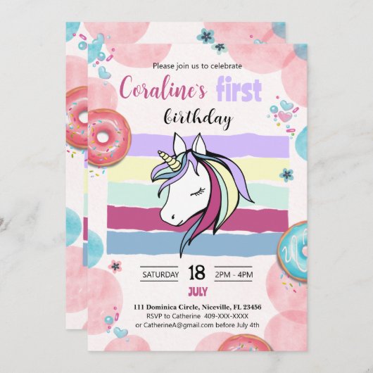 1e verjaardag uitnodiging met leuke eenhoorn. (Voorkant / Achterkant)