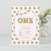 1e Verjaardag Uitnodiging - roze en gouden stippen (Staand voorkant)