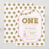 1e Verjaardag Uitnodiging - roze en gouden stippen (Voorkant / Achterkant)