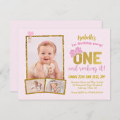 1e Verjaardag Uitnodiging, roze meisjes eerste ver Kaart (Voorkant / Achterkant)