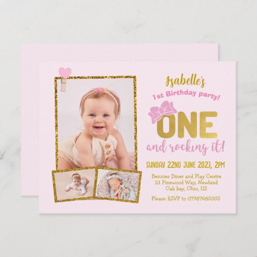 1e Verjaardag Uitnodiging, roze meisjes eerste ver Kaart (Voorkant / Achterkant)