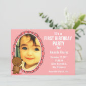 1e verjaardag uitnodiging - Teddy Bear Pink (Staand voorkant)