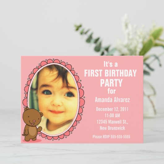 1e verjaardag uitnodiging - Teddy Bear Pink (Staand voorkant)