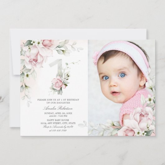 1e verjaardag  | Uitnodiging voor Rozen van Floral (Voorkant)