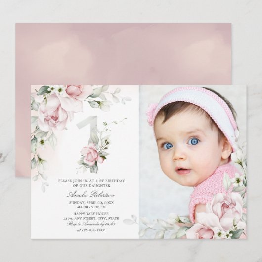 1e verjaardag  | Uitnodiging voor Rozen van Floral (Voorkant / Achterkant)