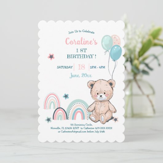 1e verjaardag uitnodigingen met een leuke teddybee (Staand voorkant)