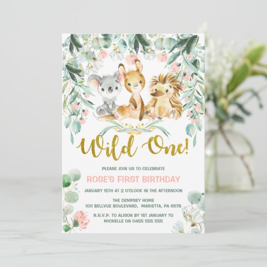 1e verjaardag uitnodigingen | Roze Oerwoud Baby's (Staand voorkant)