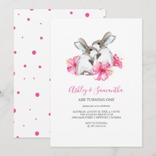 1e Verjaardag Uitnodigingen Twins Meisje Roze Wood