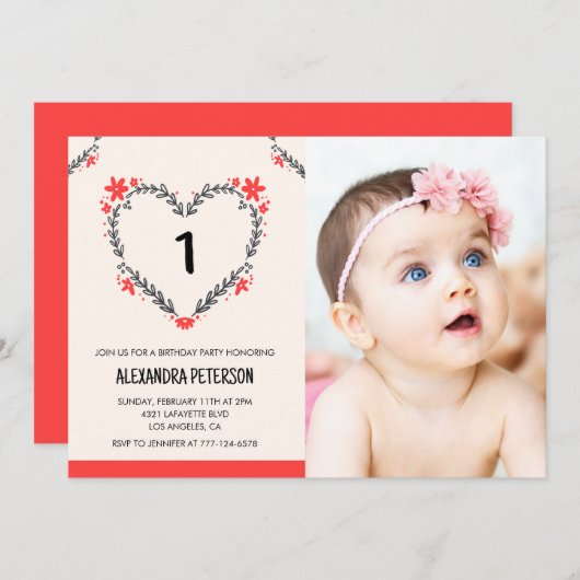 1e verjaardag uitnodigingen voor haar Bloemenhart (Voorkant / Achterkant)