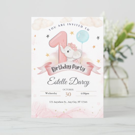 1e verjaardag uitnodigingskaart - verjaardagskaart kaart (Staand voorkant)