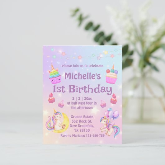 1e verjaardag : unicorns cupcakes girly uitnodigin (Staand voorkant)
