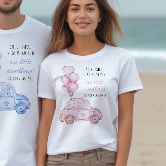 1e Verjaardag Valentijn Roze Ballonnen en Auto T-shirt