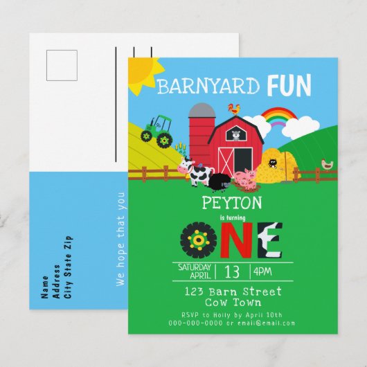 1e verjaardag van de boerderijdieren Barnyard Kind Uitnodiging Briefkaart (Voorkant / Achterkant)