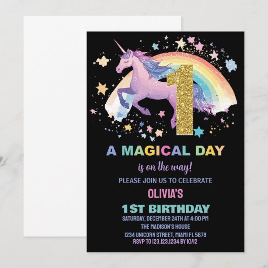 1e verjaardag van de eenhoorn uitnodigingen (Voorkant / Achterkant)