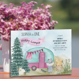 1e verjaardag van de gelukkige Camper Woodland Car Kaart