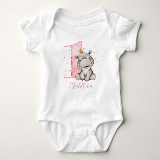 1e verjaardag van Hippo Princess Baby Bodysuit (Voorkant)