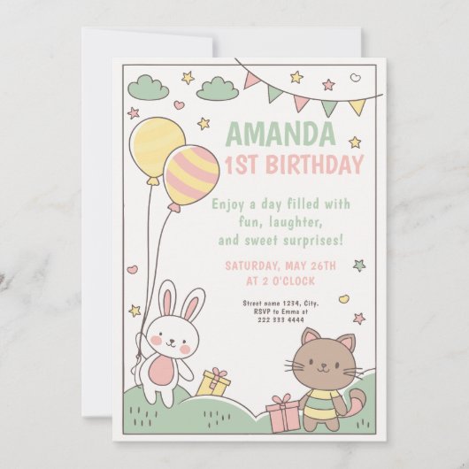 1e verjaardag van konijn en Kat Kaart (Voorkant)