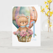 1e verjaardag van Teddy Bear-ballon Kaart (Gele Bloem)