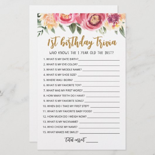 1e verjaardag van Trivia editable game (Voorkant / Achterkant)