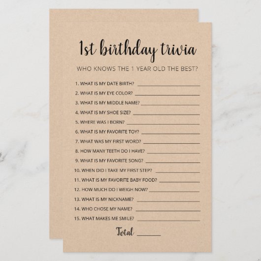 1e verjaardag van Trivia editable game (Voorkant / Achterkant)