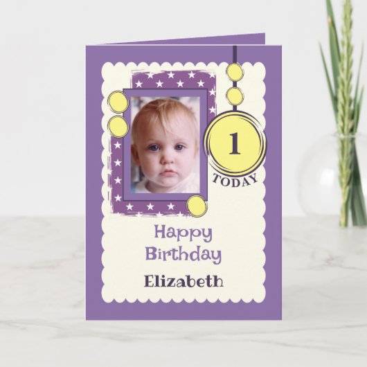 1e verjaardag vandaag 1 voeg fotonaam paars geel t kaart (Voorkant)