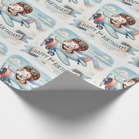 1e verjaardag vliegtuigjongen Waterverf omhoog Cadeaupapier (Hoek)