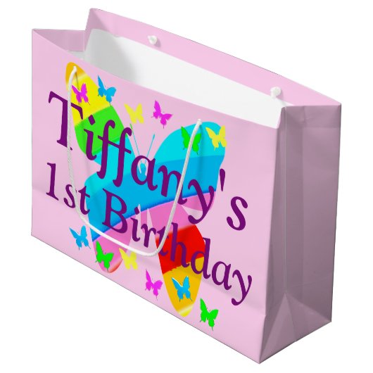 1E VERJAARDAG VLINDER GEPERSONALISEERDE GESCHENKZA LARGE CADEAUTASJE (Voorkant Gekanteld)