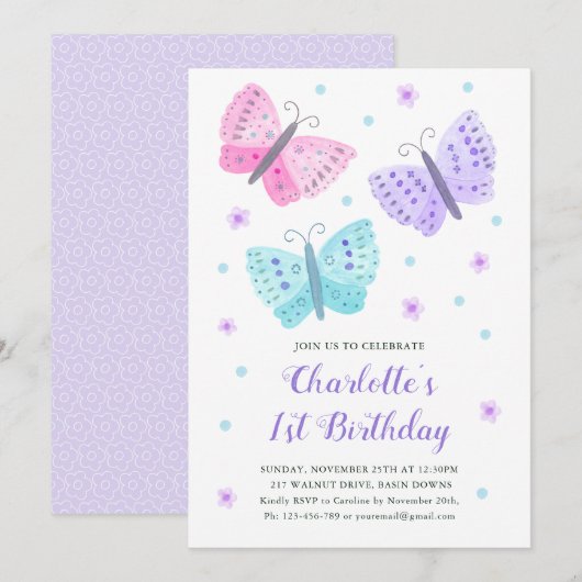 1e Verjaardag Vlinderbloemen Waterverf Paarse Kaart (Voorkant / Achterkant)