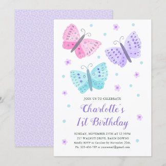 1e Verjaardag Vlinderbloemen Waterverf Paarse Kaart